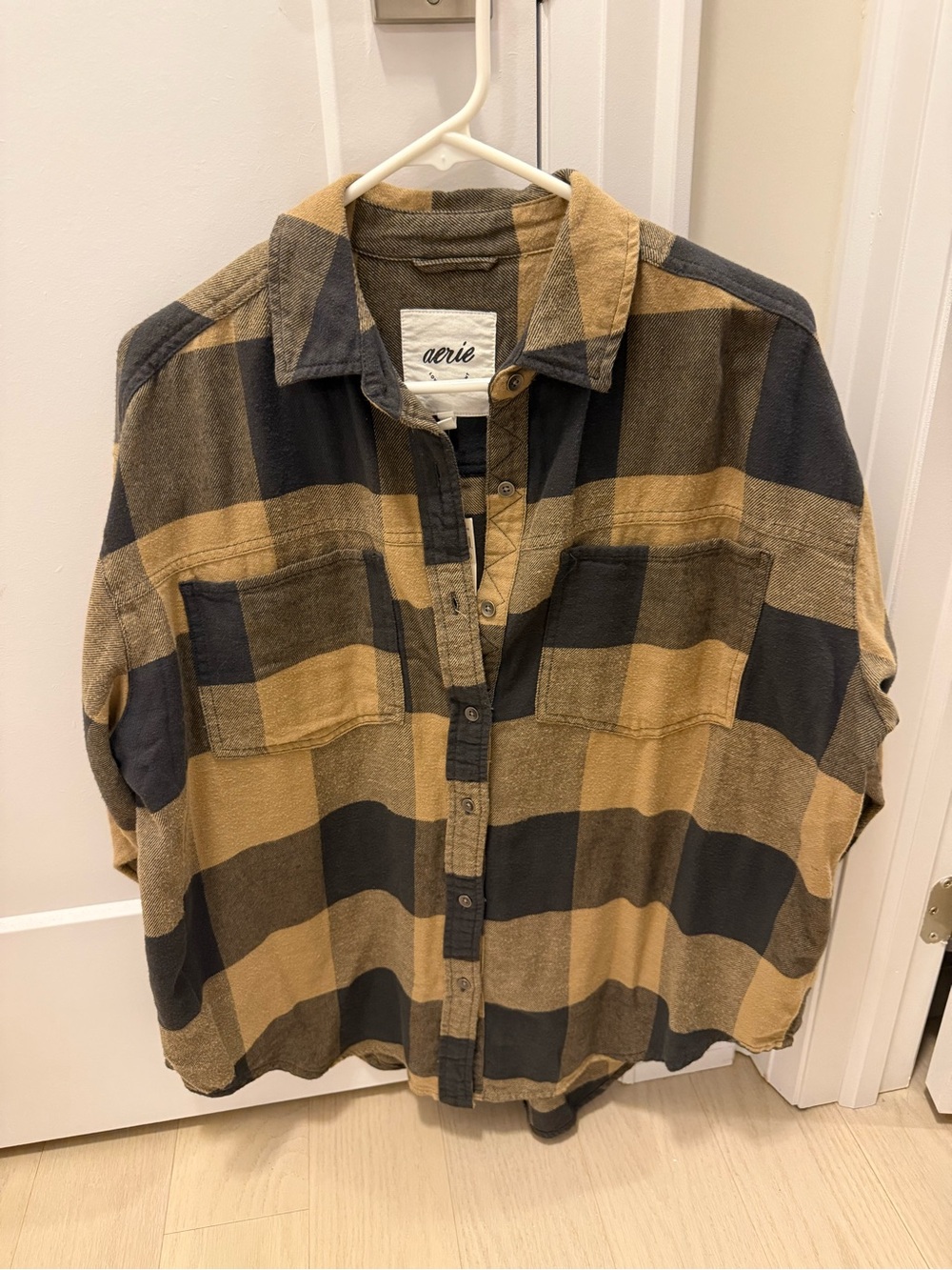 aerie women's Plaid Button-Up Shirt in black and tan